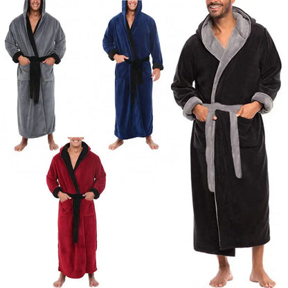 Pockets Soft Men Coral Fleece Color Block Long Bath Robe Home Gown Sleepwear