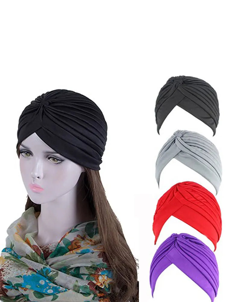 Muslim Hat Turban Fashion Solid Women's Knotted Headbands Girls Headdress Stretchy Bandanas Chemo Indian Cap Hair Accessories