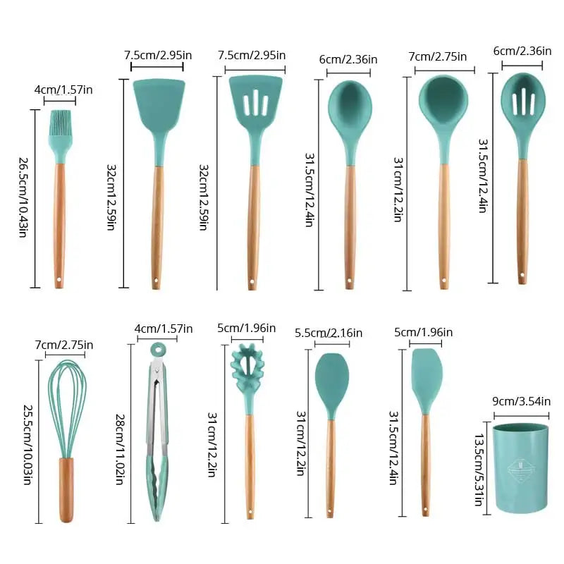 12-Piece Wooden Handle Silicone Utensil Set with Storage Bucket