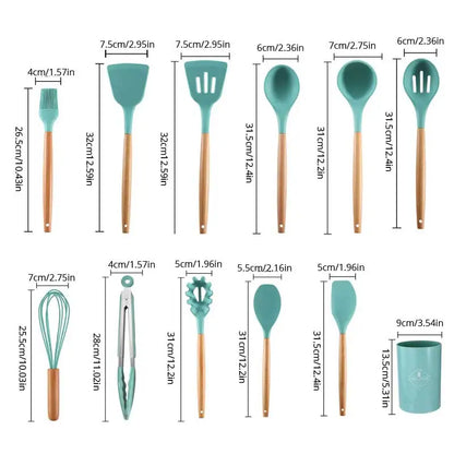 12-Piece Wooden Handle Silicone Utensil Set with Storage Bucket