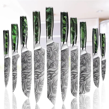 Damascus Knife Set – Chef, Santoku, Boning, Paring Knives with Green Resin Handle