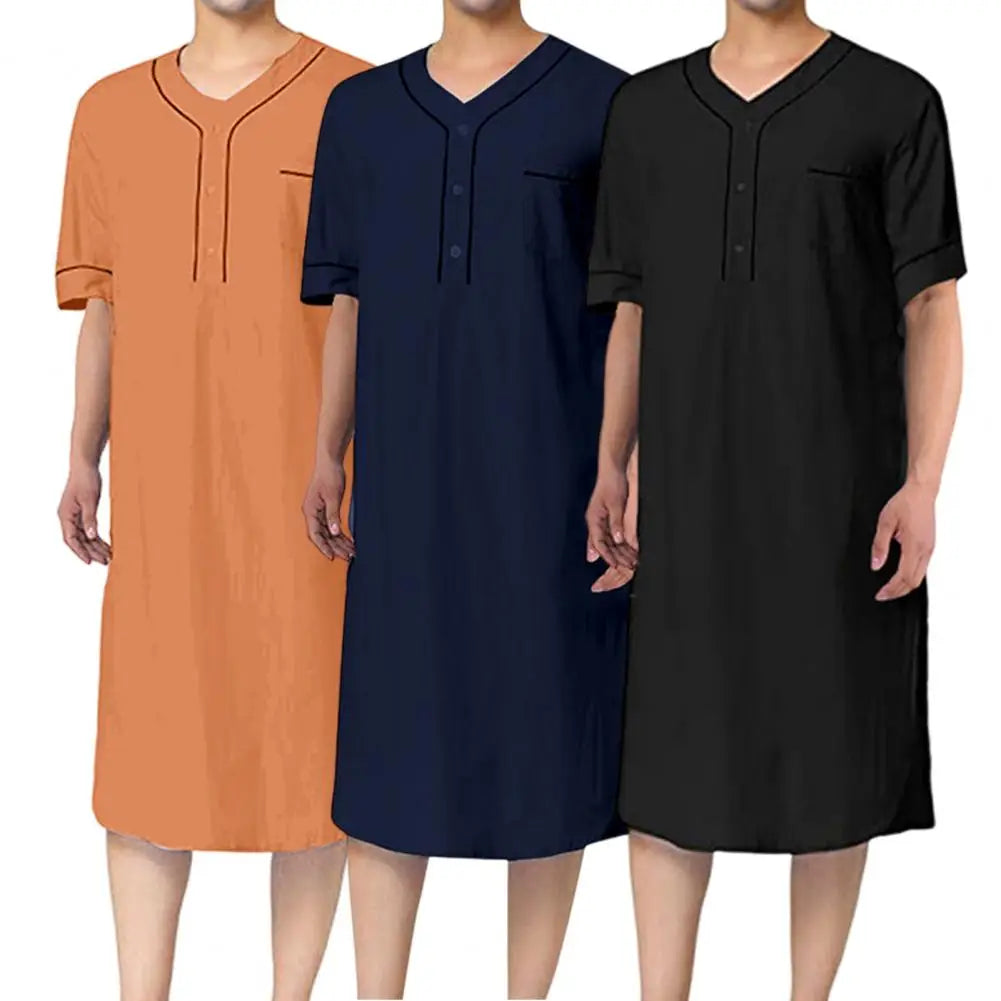 Men Short Sleeve Casual Nightgown Patch Pocket Mid-calf Length Sleep Robe Leisure Nightdress Home Wear