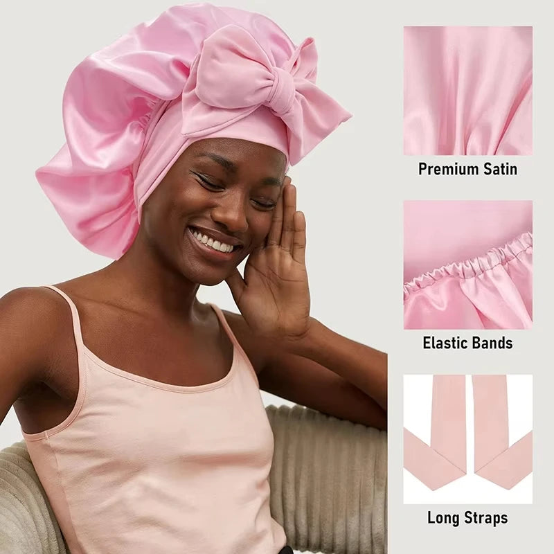 New Women Satin Solid Sleeping Hat with Stretchy Tie Band Elastic Night Shower Cap Adjustable Hair Head Cover Bonnet turban