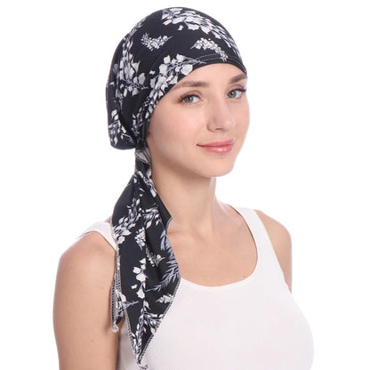 Women Headscarf Cap Floral Print Pre Long Tied Tassel Stretchy Head Wrap Hair Accessories Muslim Chemo Hat Turban Headwear