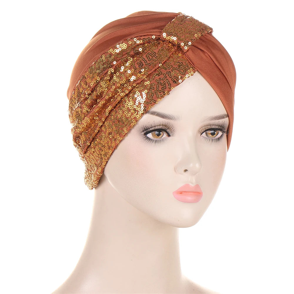 Women Glitter Sequins Turban Hat Fashion Bonnet Twist Solid Color Hijab Chemo Cap Head Wraps Elegant Headscarf Stretchy Headband