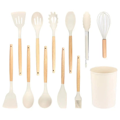 12Set of Wooden Handle Silicone Kitchen Tools Non-Stick Pan Cooking set