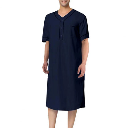 Men Short Sleeve Casual Nightgown Patch Pocket Mid-calf Length Sleep Robe Leisure Nightdress Home Wear