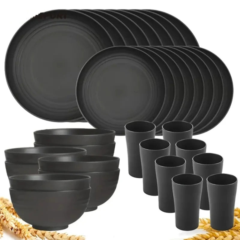 32-Piece Black Plastic Wheat Straw Tableware Set