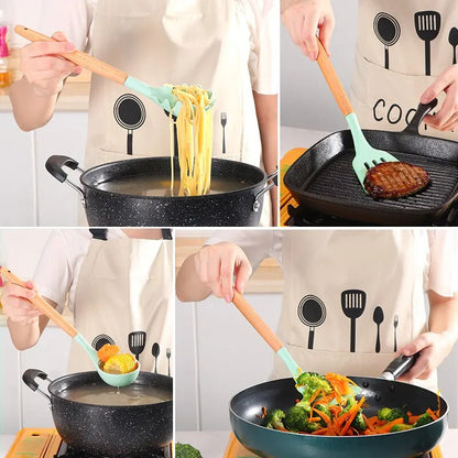 12-Piece Wooden Handle Silicone Utensil Set with Storage Bucket