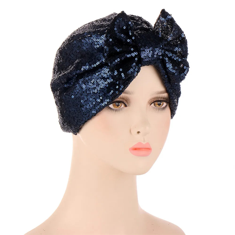 Women Glitter Sequins Turban Hat Fashion Bonnet Twist Solid Color Hijab Chemo Cap Head Wraps Elegant Headscarf Stretchy Headband