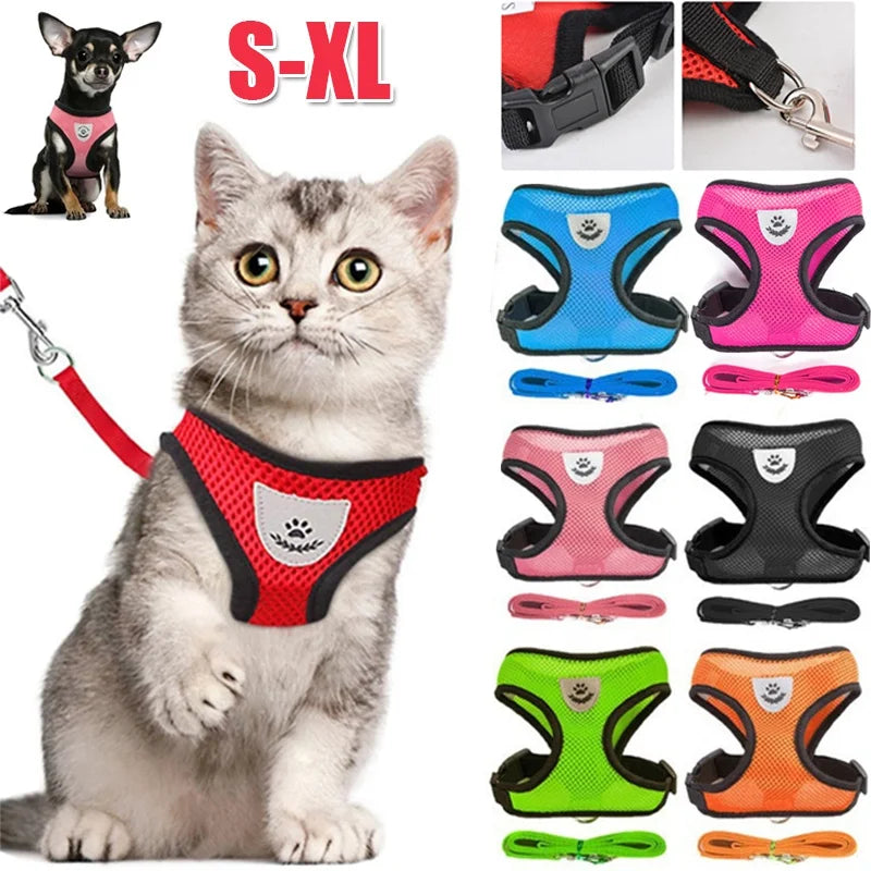 Adjustable Cat Dog Harness with Lead Leash – Reflective Mesh Vest