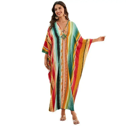 Colorful Vertical Striped Bo Printed Beach Dress Bikini Cover Up Loose V Neck Knit Robe Holiday Vocation Beach Cover Ups