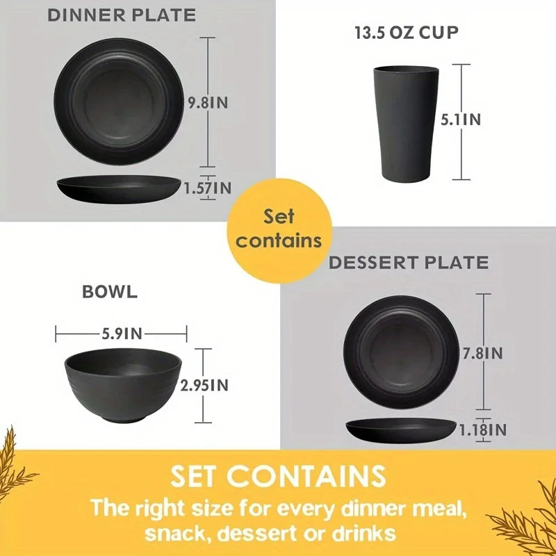 32-Piece Black Plastic Wheat Straw Tableware Set