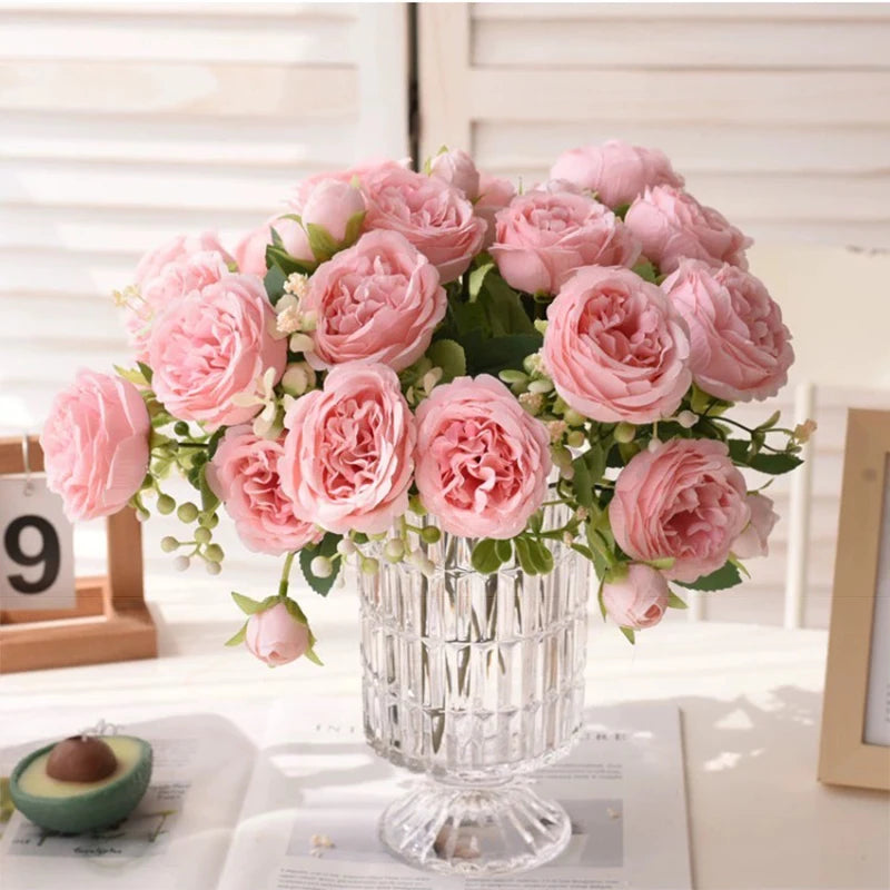 Rose Pink Silk Peony Bouquet Bride Wedding Home Decoration Artificial Flower