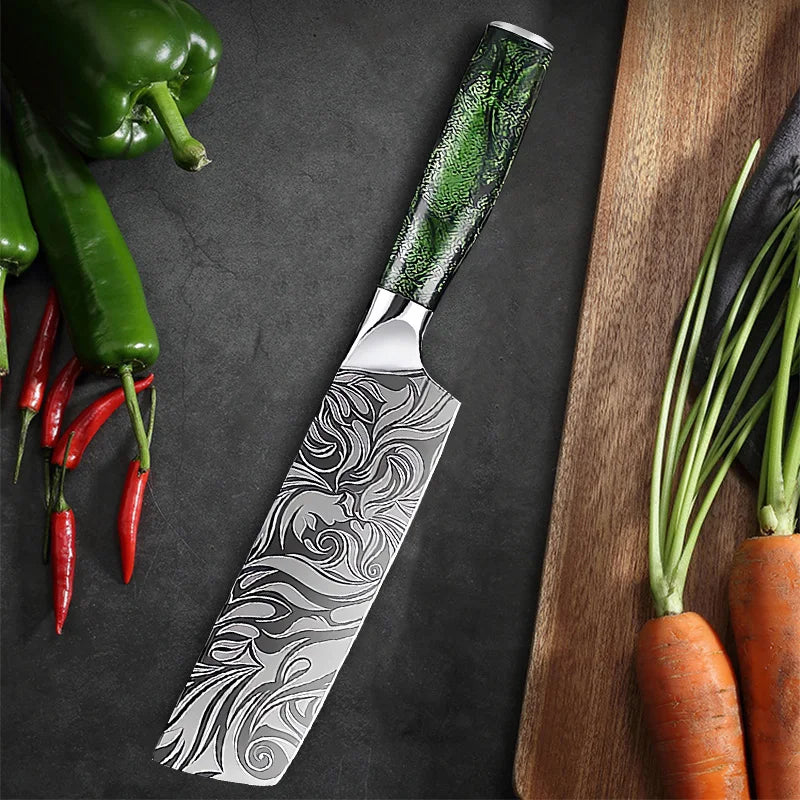 Damascus Knife Set – Chef, Santoku, Boning, Paring Knives with Green Resin Handle