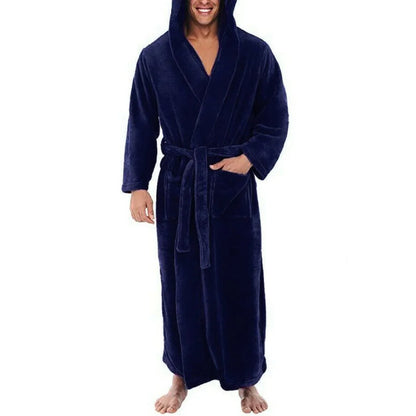 Pockets Soft Men Coral Fleece Color Block Long Bath Robe Home Gown Sleepwear