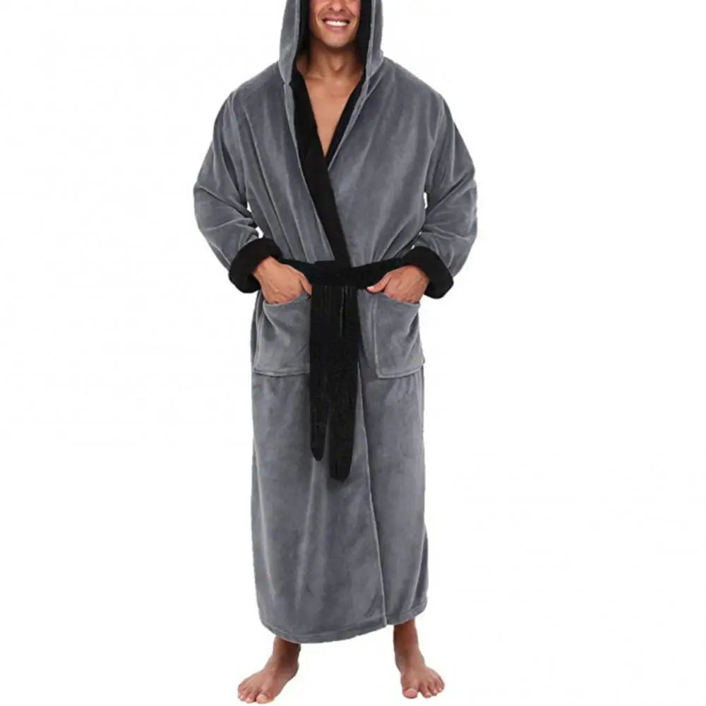 Pockets Soft Men Coral Fleece Color Block Long Bath Robe Home Gown Sleepwear