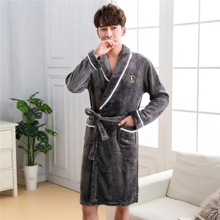 Thickened Flannel Men Robe Sleepwear Autumn Winter Warm Coral Fleece Bathrobe Gown Nightwear Loose Casual Home Wear Loungewear