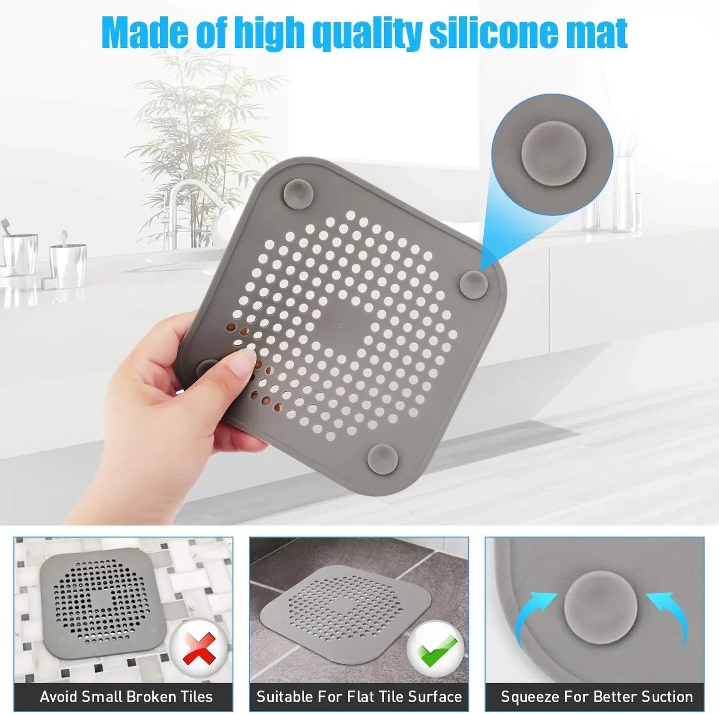 Anti-Clogging Drain Mat – Suction Cup Hair Filter for Kitchen & Bath