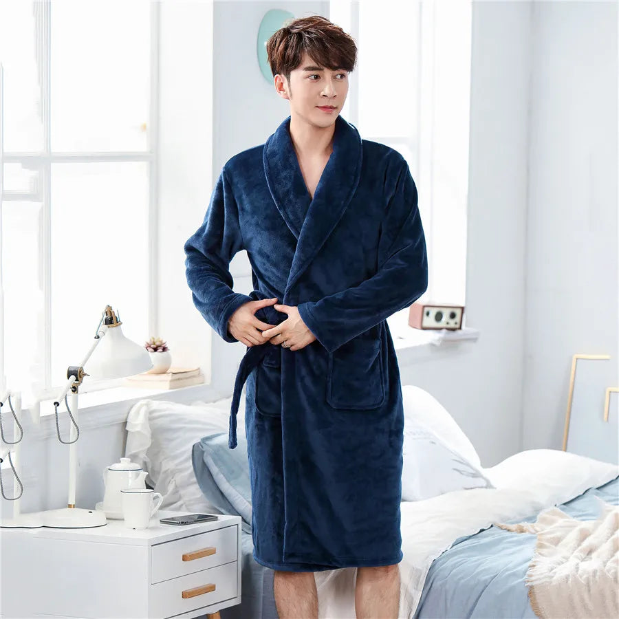 Thickened Flannel Men Robe Sleepwear Autumn Winter Warm Coral Fleece Bathrobe Gown Nightwear Loose Casual Home Wear Loungewear