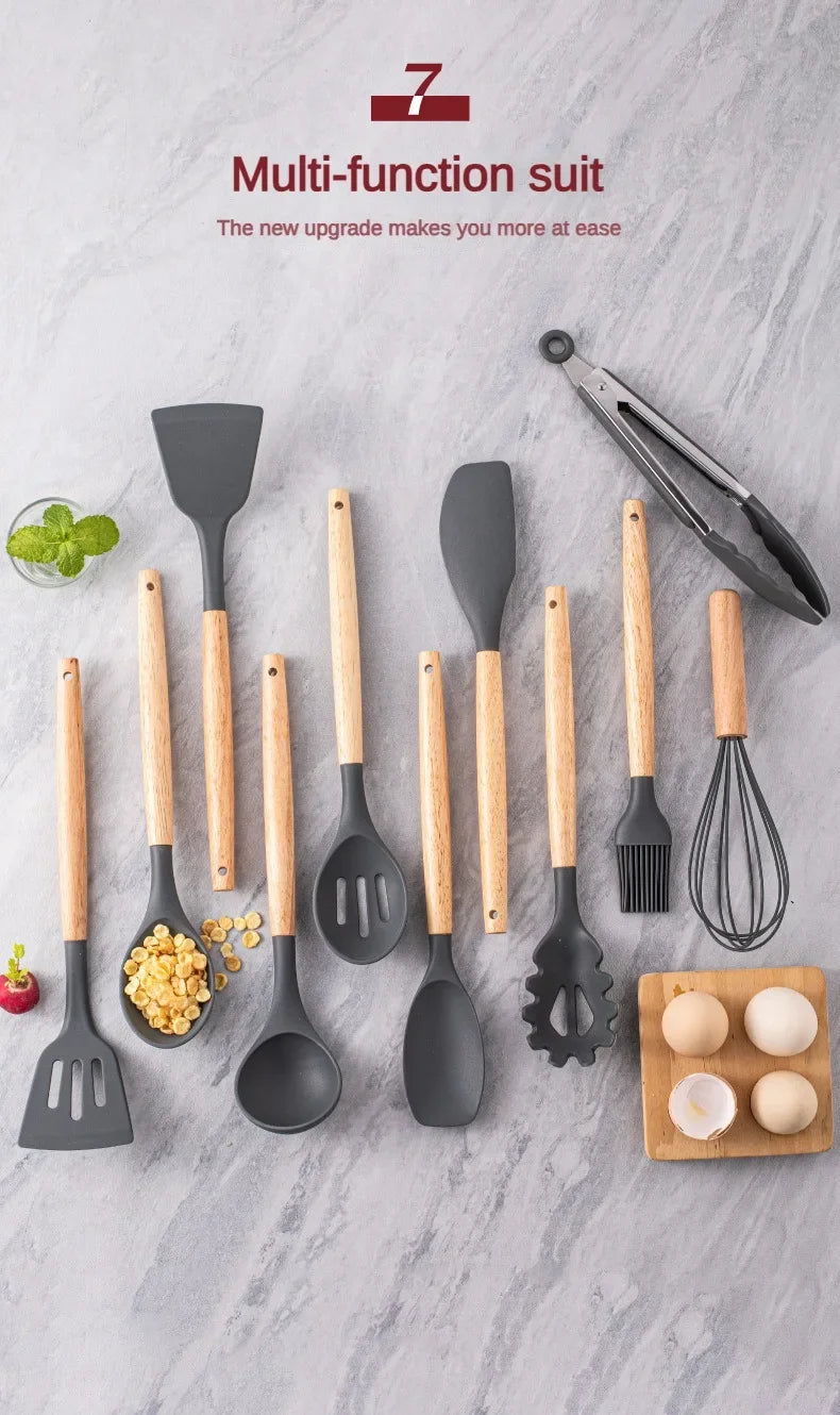 12Set of Wooden Handle Silicone Kitchen Tools Non-Stick Pan Cooking set