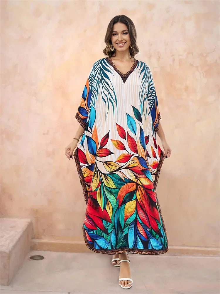 EDOLYNSA Bohemian Green Striped Women Beach Dress Robe Kaftan Relaxed Bathing Suit Cover Up Vacation Moo Moo Dress Outfit Q1638