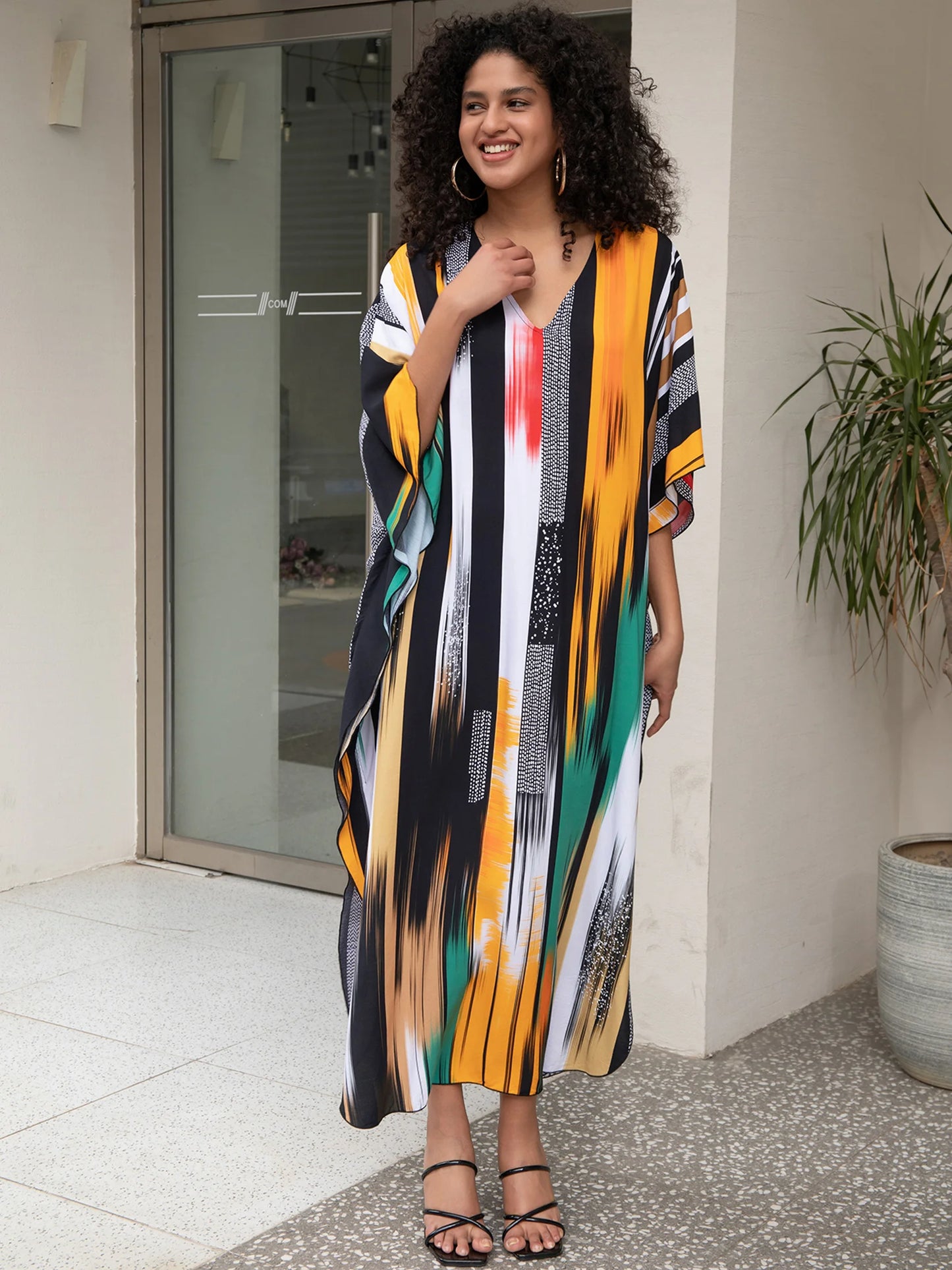 2024 Striped Printed Summe Beach Dress For Women Clothing Bohemian V Neck Batwing Sleeve Kaftan Vacation Moo Moo Dreses Q1638