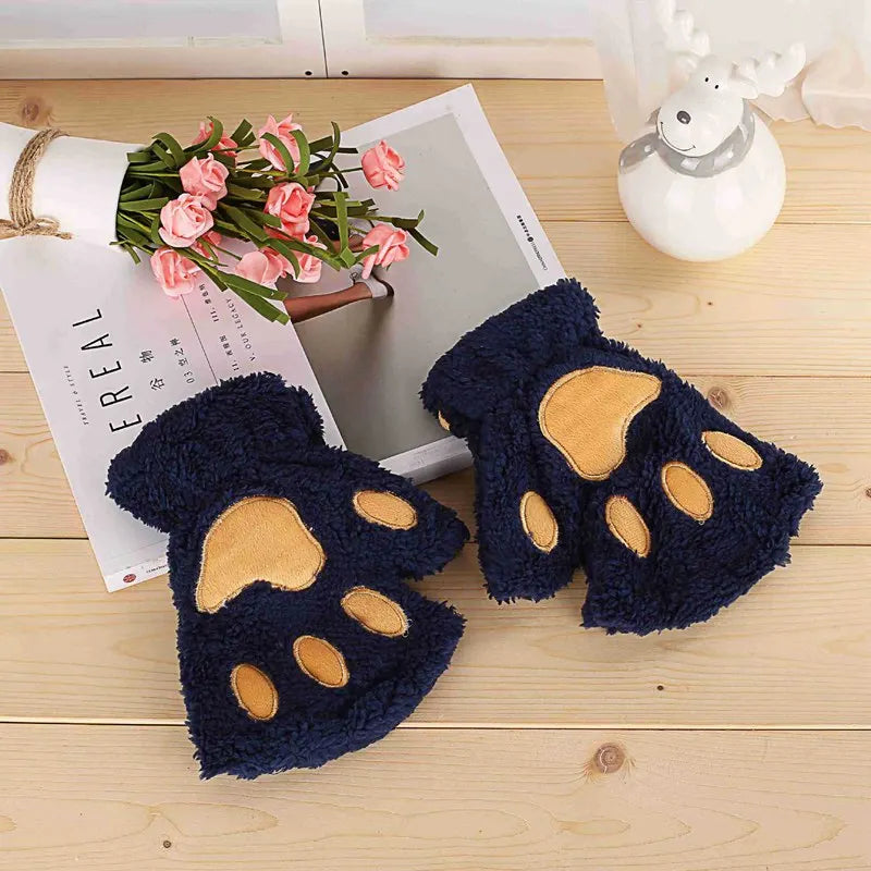 Women’s Cartoon Cat Claw Gloves Plush Bear Paw Winter Mittens