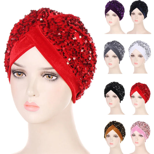 Women Glitter Sequins Turban Hat Fashion Bonnet Twist Solid Color Hijab Chemo Cap Head Wraps Elegant Headscarf Stretchy Headband