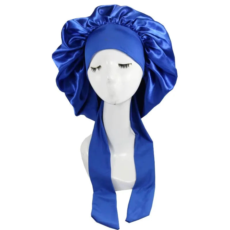 New Satin Solid Sleeping Hat With Stretchy Tie Band Elastic For Women Night Shower Cap Adjustable Hair Head Cover Bonnet Turban