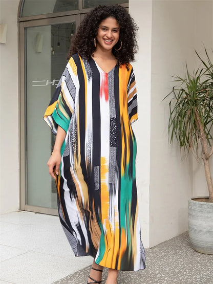 Bohemian Striped Print Plus Size Kaftan V-neck Side Split House Dress 2024 Summer Women's Beachwear Bathing Suit Cover Up Q1638