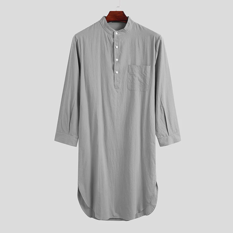 Men's Cotton Button-down Sleep Robe Solid Color Stand Neck Long Sleeve Nightgown Fashion Comfortable Home Loose Bathrobe