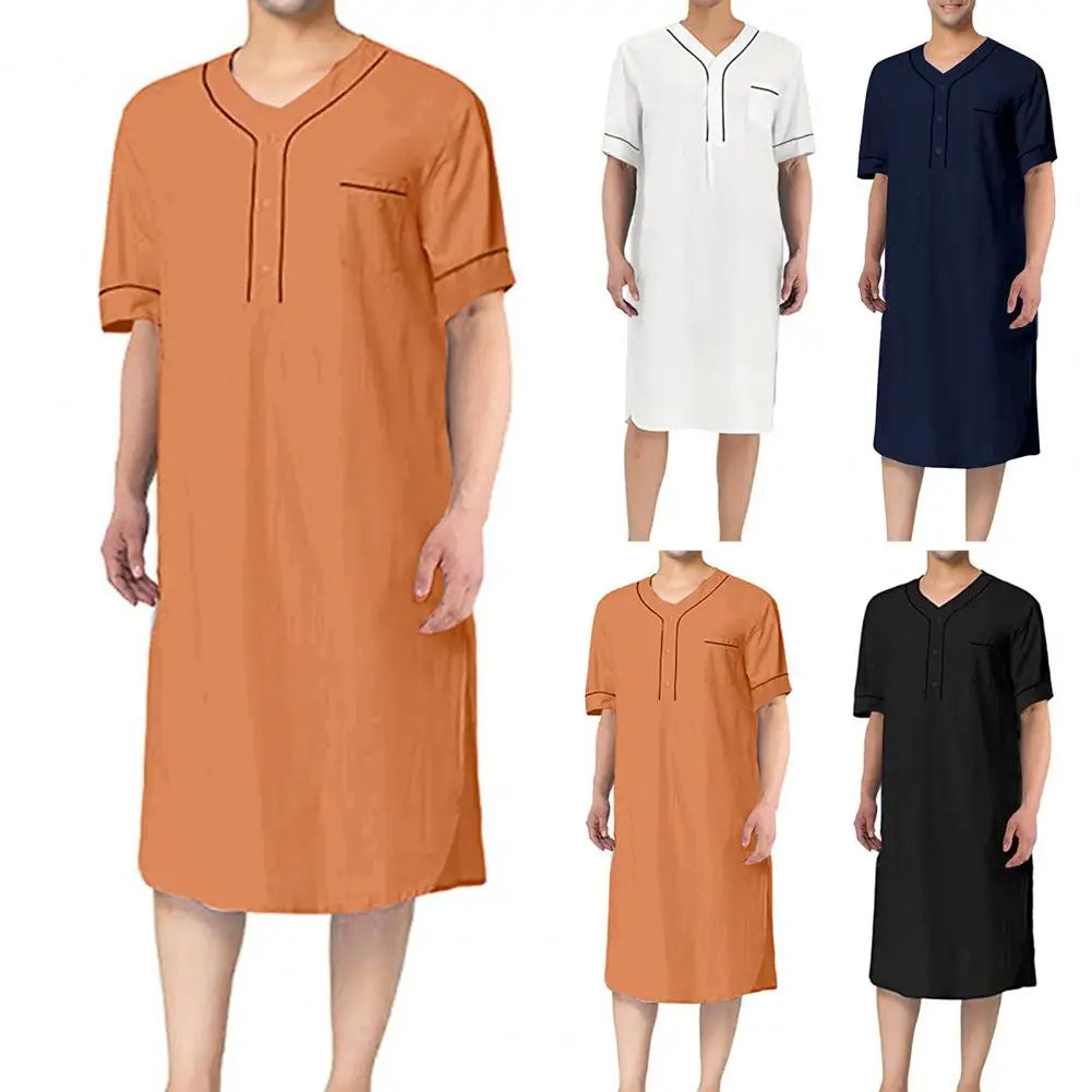 Men Nightgown Men's V-neck Short Sleeve Nightgown with Patch Pocket Solid Color Mid-calf Length Sleep Robe for Leisure for Men