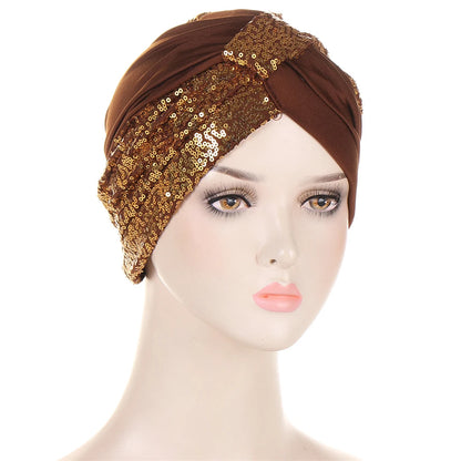 Women Glitter Sequins Turban Hat Fashion Bonnet Twist Solid Color Hijab Chemo Cap Head Wraps Elegant Headscarf Stretchy Headband