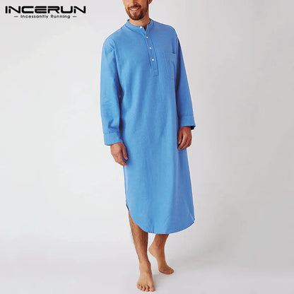 INCERUN Men's Sleep Robes Solid Color Long Sleeve O-neck Leisure Nightgown Mens Homewear 2024 Cotton Comfort Bathrobes Plus Size