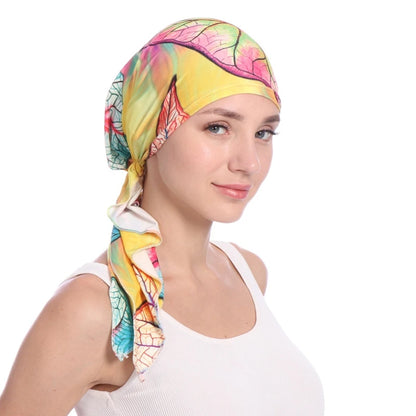 Women Headscarf Cap Floral Print Pre Long Tied Tassel Stretchy Head Wrap Hair Accessories Muslim Chemo Hat Turban Headwear