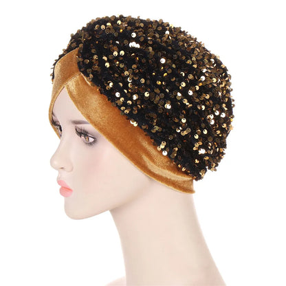 Women Glitter Sequins Turban Hat Fashion Bonnet Twist Solid Color Hijab Chemo Cap Head Wraps Elegant Headscarf Stretchy Headband