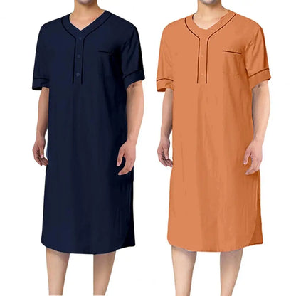 Men Nightgown Men's V-neck Short Sleeve Nightgown with Patch Pocket Solid Color Mid-calf Length Sleep Robe for Leisure for Men