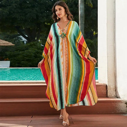 Colorful Vertical Striped Bo Printed Beach Dress Bikini Cover Up Loose V Neck Knit Robe Holiday Vocation Beach Cover Ups