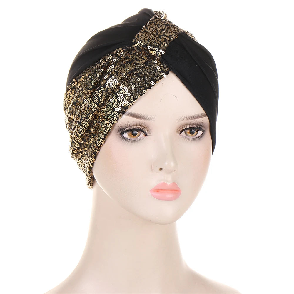 Women Glitter Sequins Turban Hat Fashion Bonnet Twist Solid Color Hijab Chemo Cap Head Wraps Elegant Headscarf Stretchy Headband