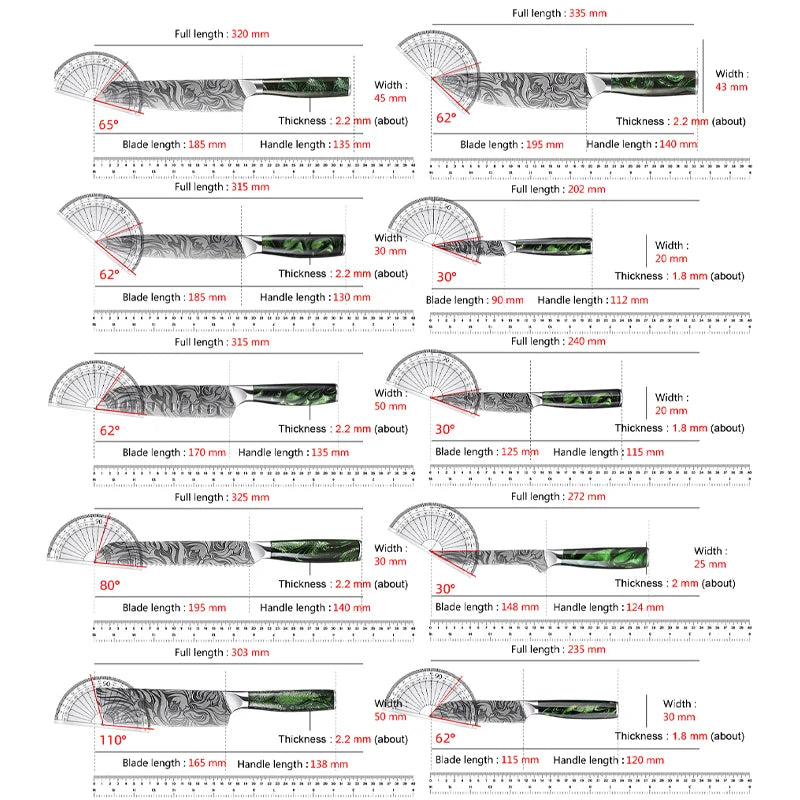 Damascus Knife Set – Chef, Santoku, Boning, Paring Knives with Green Resin Handle