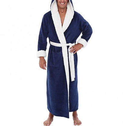 Pockets Soft Men Coral Fleece Color Block Long Bath Robe Home Gown Sleepwear