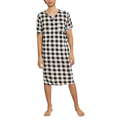 Mens Lattice Short Sleeve V Neckline Nightgown Nightwear Plaid Printed Shirt Nightshirt Casual Loose Sleepwear Home Wear