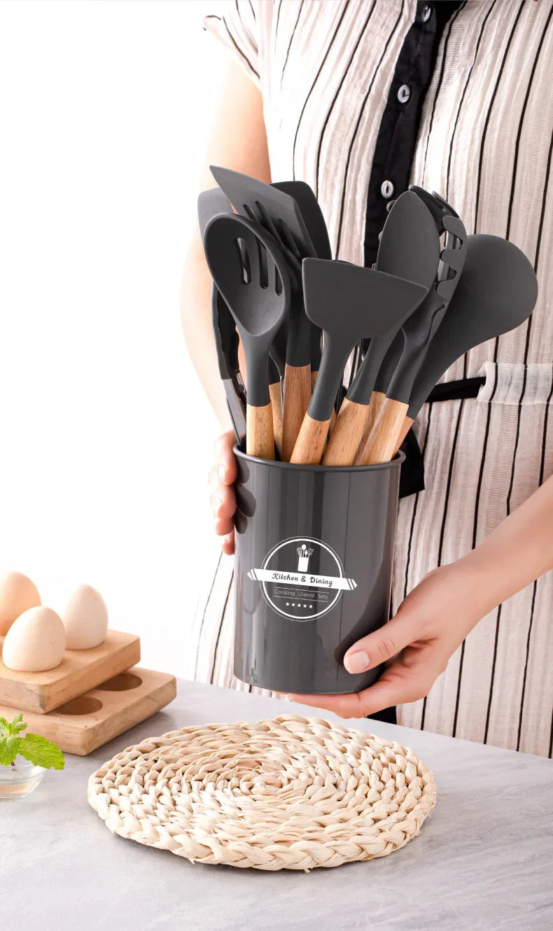 12Set of Wooden Handle Silicone Kitchen Tools Non-Stick Pan Cooking set