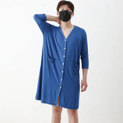 2024 Summer Men's Pajamas Robe Modal Cardigan Sleepwear Loose Bathrobe Male Shirt Dress Casual Draped Home Clothes for Men