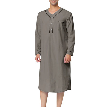 Men V-Neck Linen Robe Roll Up Short Sleeve Solid Long Night Gown Casual Loose Shirt Kaftan Thobe with Pocket