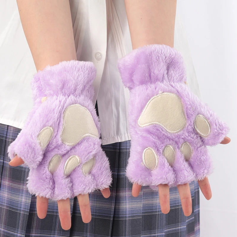 Women’s Cartoon Cat Claw Gloves Plush Bear Paw Winter Mittens