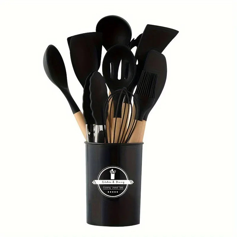 12Set of Wooden Handle Silicone Kitchen Tools Non-Stick Pan Cooking set