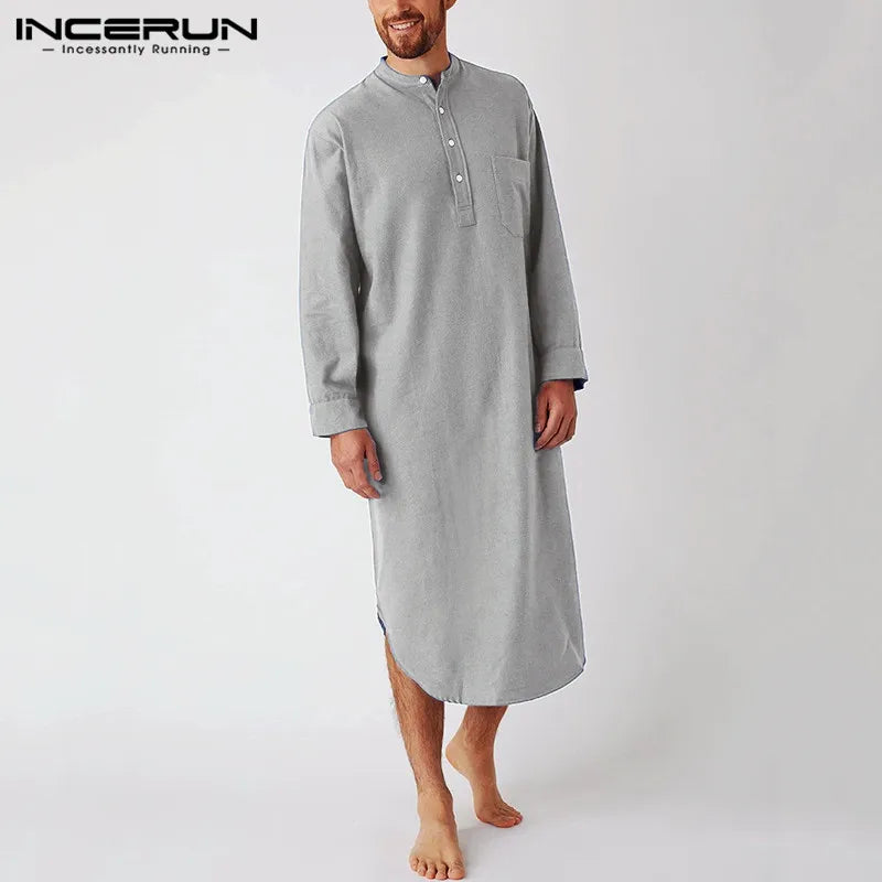 INCERUN Men's Sleep Robes Solid Color Long Sleeve O-neck Leisure Nightgown Mens Homewear 2024 Cotton Comfort Bathrobes Plus Size