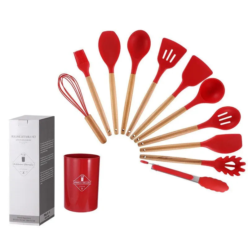 12-Piece Wooden Handle Silicone Utensil Set with Storage Bucket